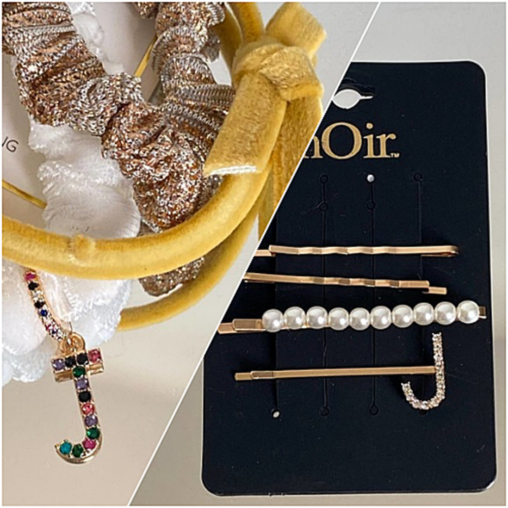 Nordstrom Initial J Bobby Pin Scrunchie Set Pearl Rhinestone Preppy Chic